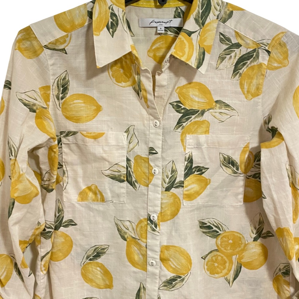 Foxcroft Lemon Print Button Down Shirt Womens 8 White Yellow Excellent Linen - Picture 3 of 6